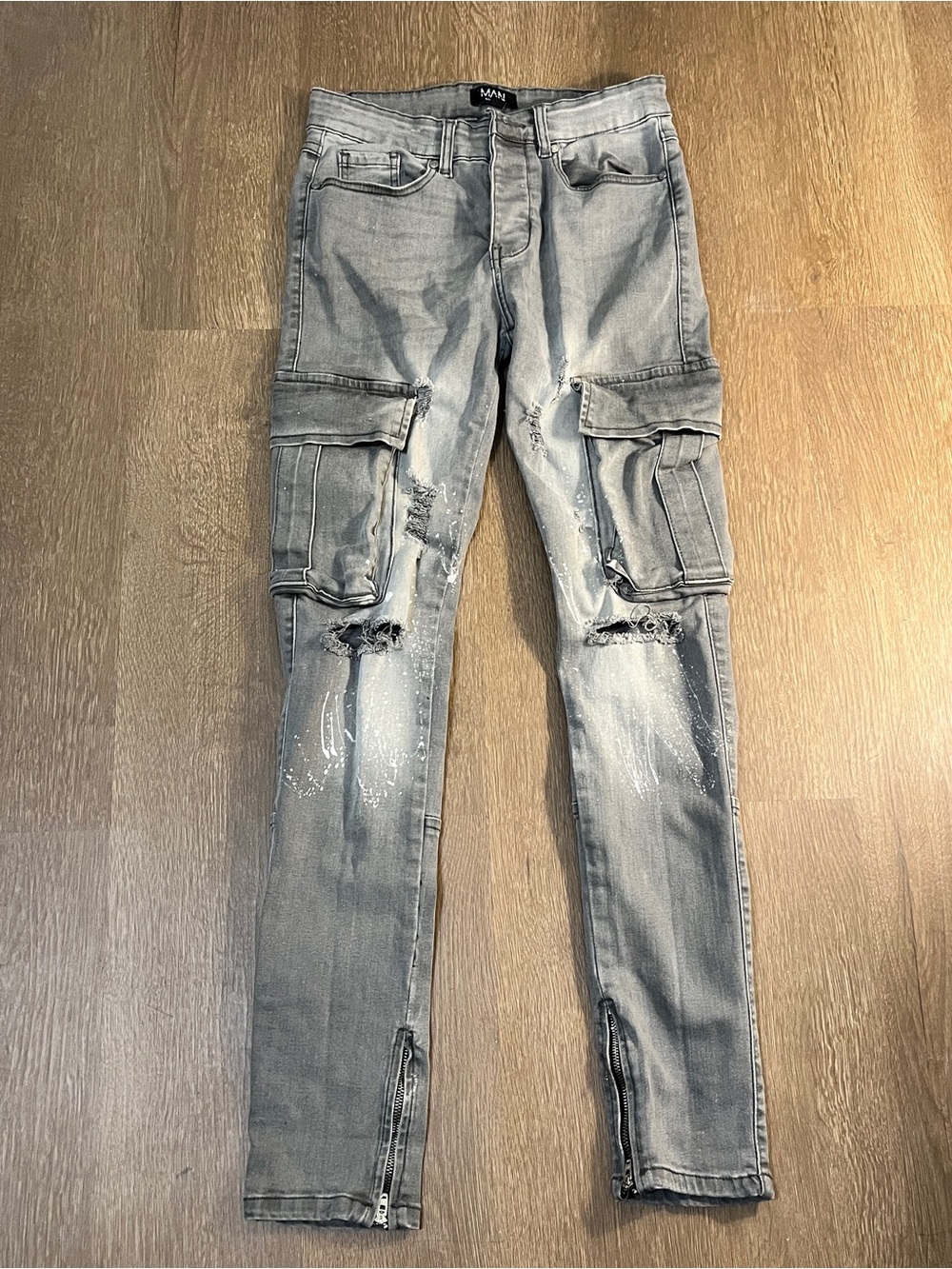 BoohooMan Distressed Cargo Skinny Jeans | Grey Wash with Paint Splatter Detail